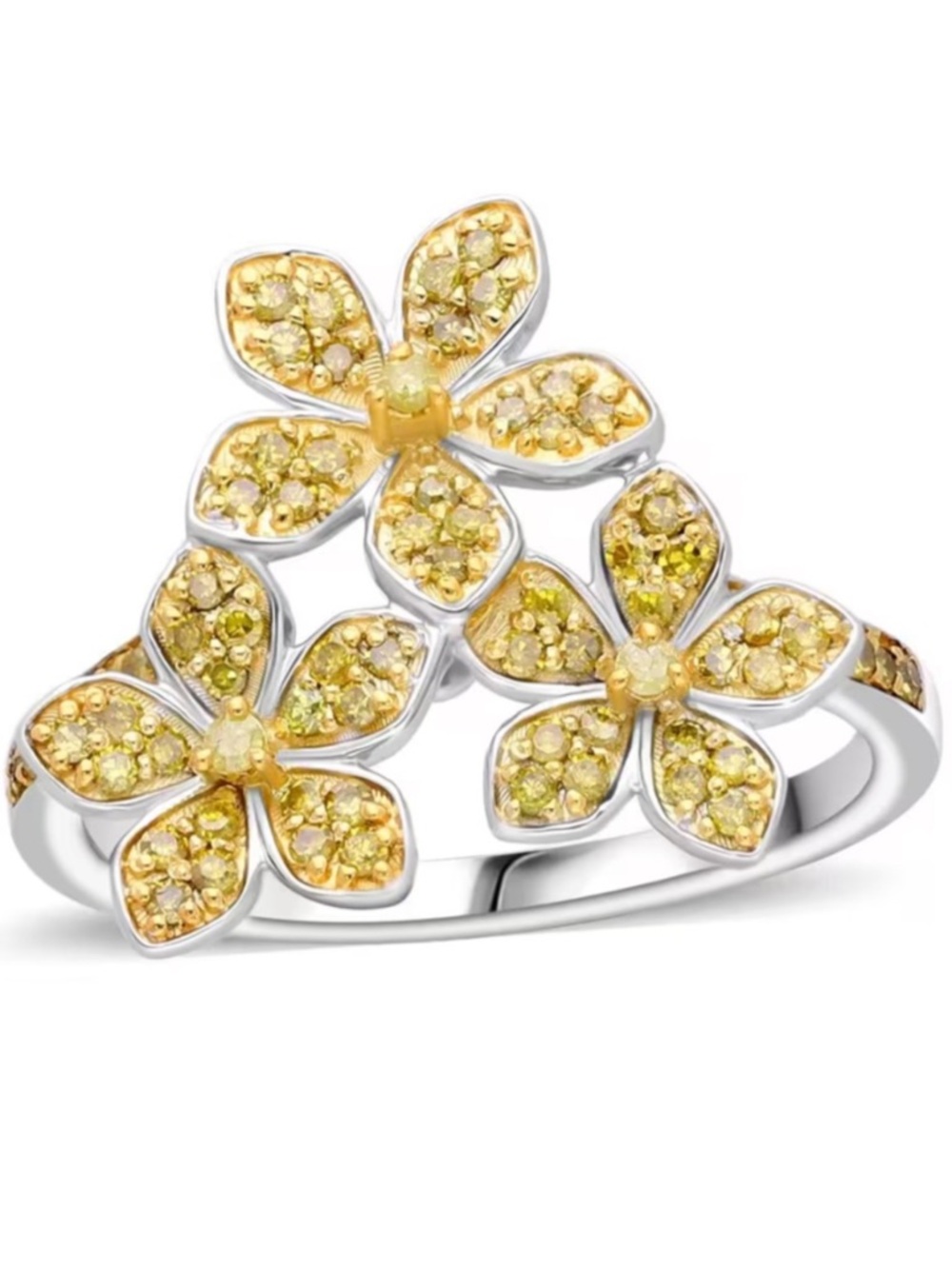 Yellow Diamond Floral Ring in Platinum Over Sterling Silver